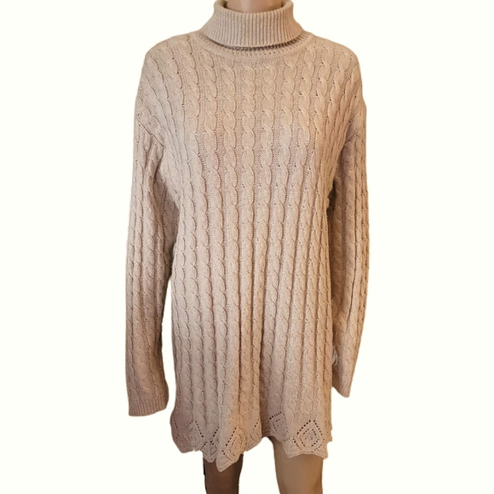 Laura Gayle Ramie Wool Tan Tunic Turtleneck Sweater Large